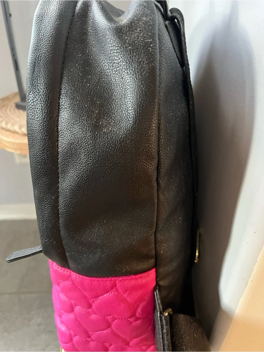 Betsey Johnson Bright Pink Quilted Heart Backpack with Black Trim